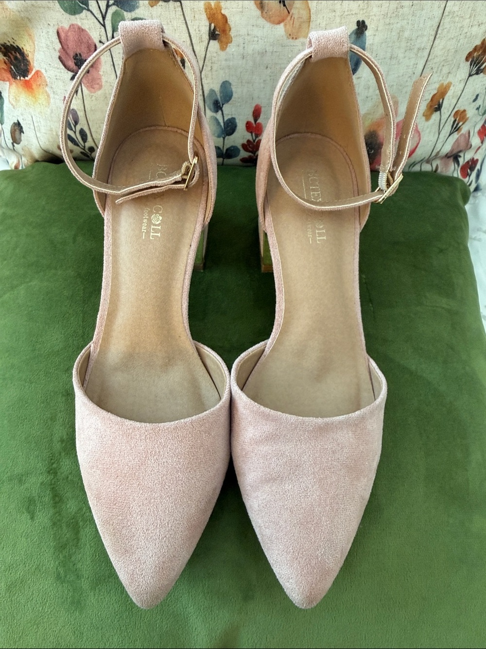 Suede Pointed-Toe Ankle-Strap Pumps in Blush Pink